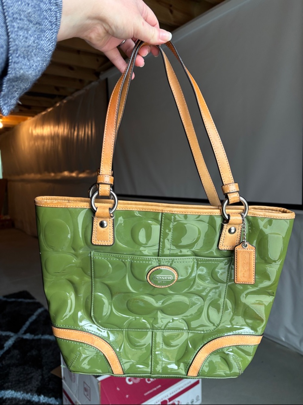 Coach Green Patent Leather Tote with Tan Trim and Dual Straps